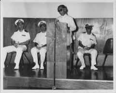 1966 AUG - USNS Tarlac Change of Command CWO Glenn Werts LT Kirkwood Capas Mayor Santos & LT WMP.JPG (1702295 bytes)